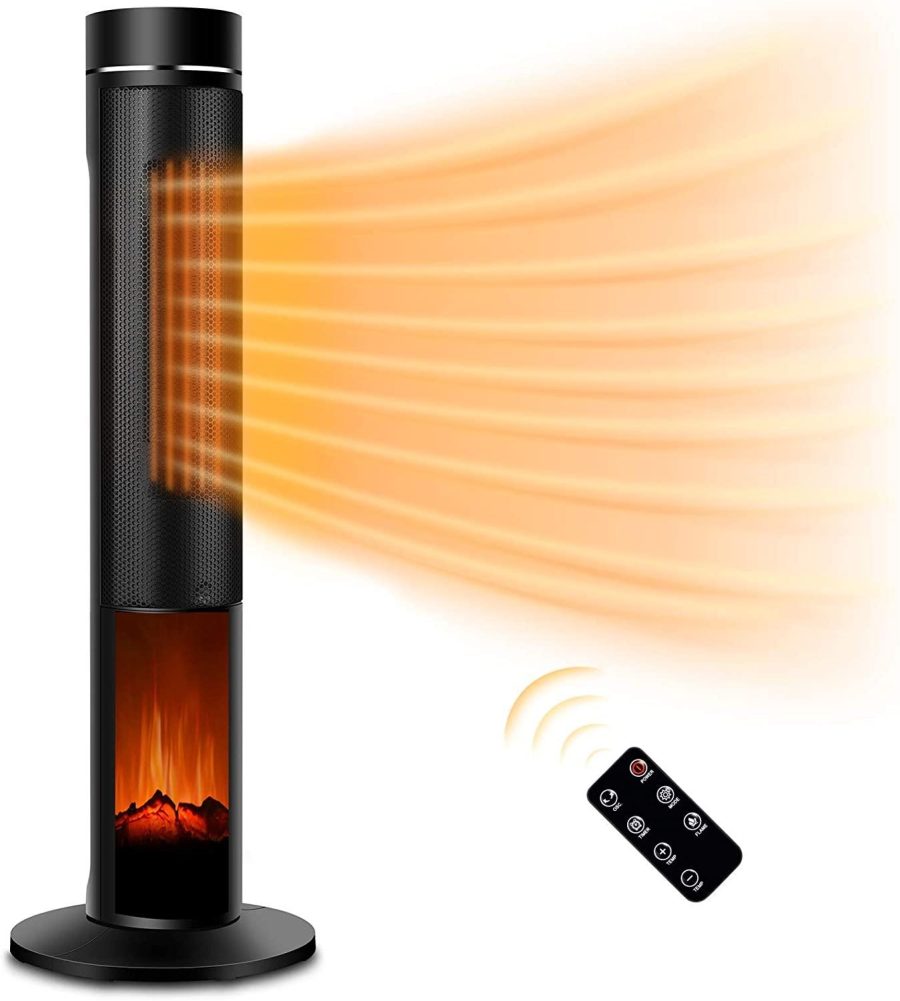 Electric Space Heater for Large Room - 36" Ceramic Tower Space Heater for Room Heating w/ Thermostat, Fast Heating, 3D Realistic Flame, Oscillating, Remote Control, Ideal for Home/Livingroom