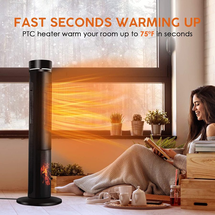 Electric Space Heater for Large Room - 36" Ceramic Tower Space Heater for Room Heating w/ Thermostat, Fast Heating, 3D Realistic Flame, Oscillating, Remote Control, Ideal for Home/Livingroom - Image 2