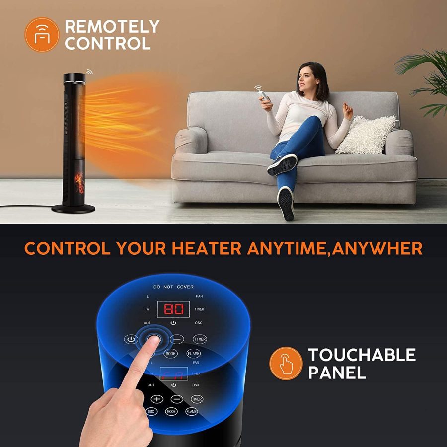 Electric Space Heater for Large Room - 36" Ceramic Tower Space Heater for Room Heating w/ Thermostat, Fast Heating, 3D Realistic Flame, Oscillating, Remote Control, Ideal for Home/Livingroom - Image 6