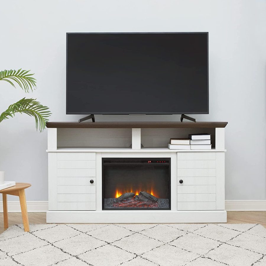 Teamson Home Eliana Remote Control Electric Fireplace Wooden TV Stand Storage Cabinet with 2 Doors Cubbies and Adjustable Shelves for TVs up to 65 inch, 60 inch Width, Dark Oak and White - Image 3