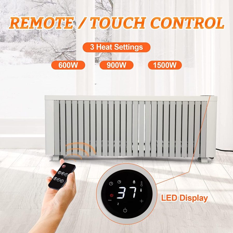 E-Macht Electric Baseboard Heater 1500W Large Room Space Heater for Indoor Use Remote Control, LED Digital Display, Adjustable Thermostat, Timer, for Bedroom, Office Convection Heater - Image 4