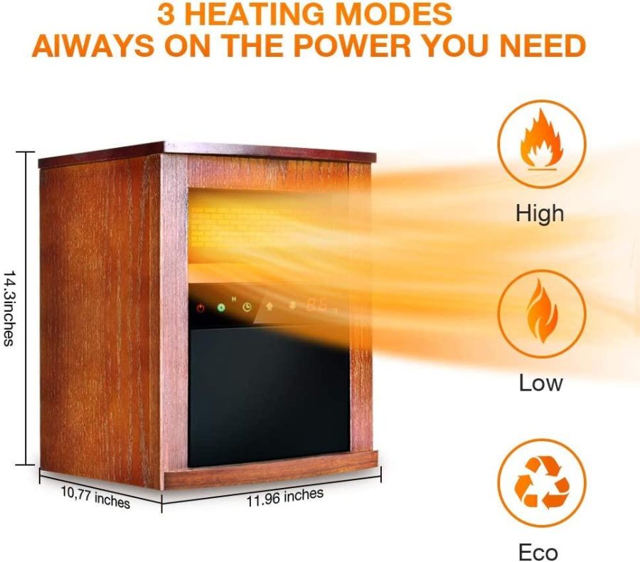 Electric Space Heater, 1500W Infrared Heater with 3 Heat Modes, Remote Control & Timer, Room Heater with Overheat & Tip-Over Shut Off Protection, Wood Cabinet Heater for Large Room, Low Noise, Brown - Image 3