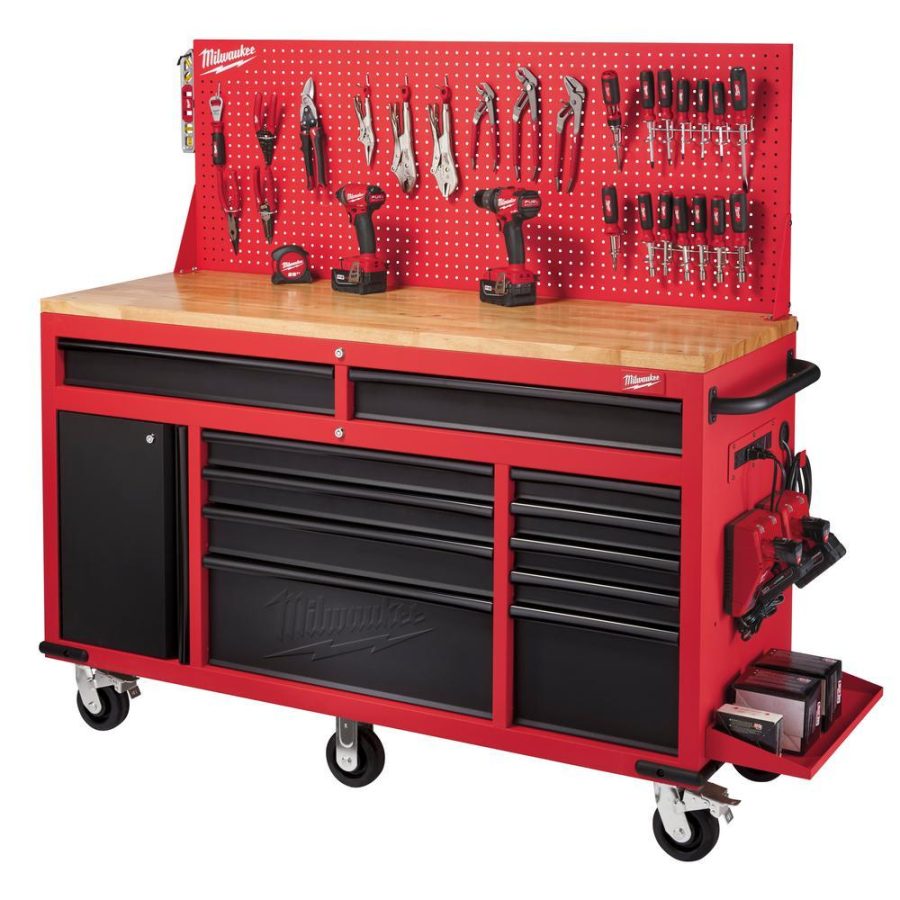 Milwaukee 61 in. 11-Drawer/1-Door 22 in. D Mobile Workbench with Sliding Pegboard Back Wall in Red/Black-MWTC6111BC1M