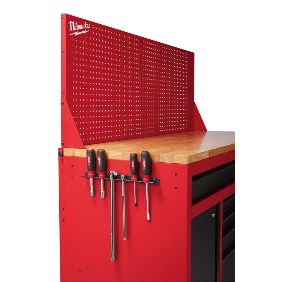 Milwaukee 61 in. 11-Drawer/1-Door 22 in. D Mobile Workbench with Sliding Pegboard Back Wall in Red/Black-MWTC6111BC1M - Image 3