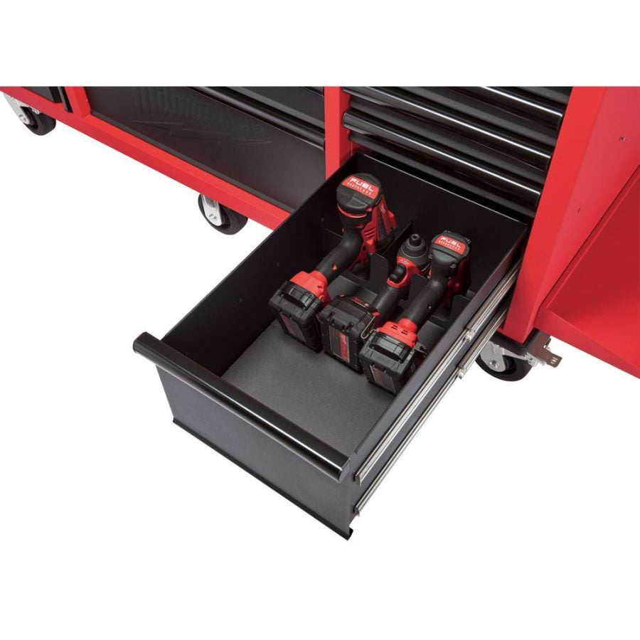 Milwaukee 61 in. 11-Drawer/1-Door 22 in. D Mobile Workbench with Sliding Pegboard Back Wall in Red/Black-MWTC6111BC1M - Image 4