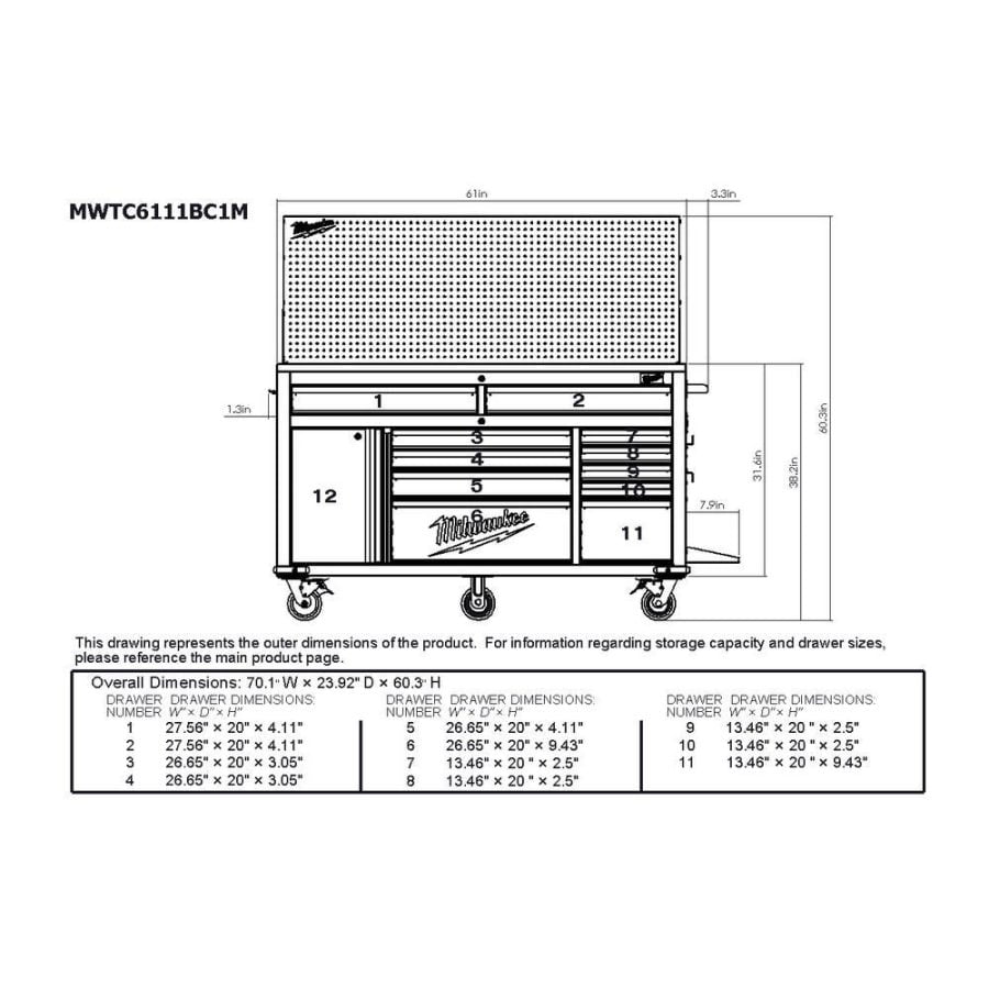 Milwaukee 61 in. 11-Drawer/1-Door 22 in. D Mobile Workbench with Sliding Pegboard Back Wall in Red/Black-MWTC6111BC1M - Image 6