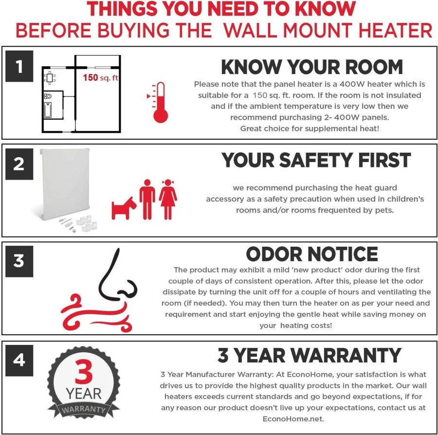 EconoHome Wall Mount Space Heater Panel - with Thermostat - 400 Watt Convection Heater - Ideal for 120 Sq Ft Room - 120V Electric Heater - Overheat Protection - Image 4
