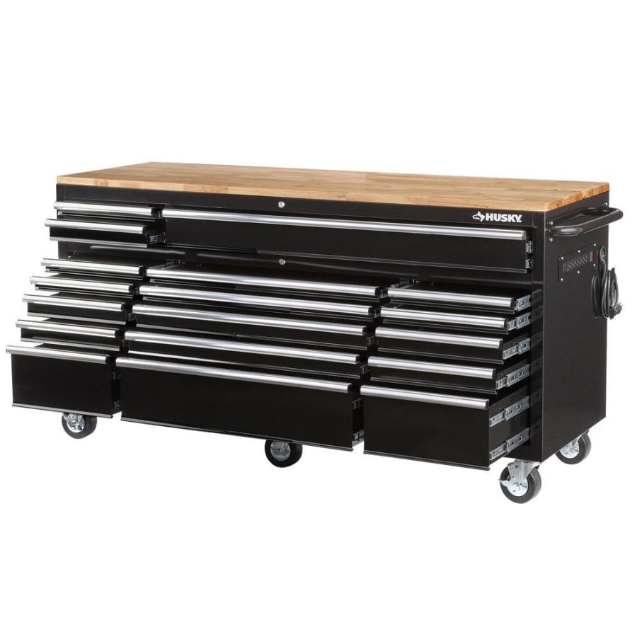 Husky 72 in. 18-Drawer Mobile Workbench with Solid Wood Top, Black-HOTC7218B11MYS