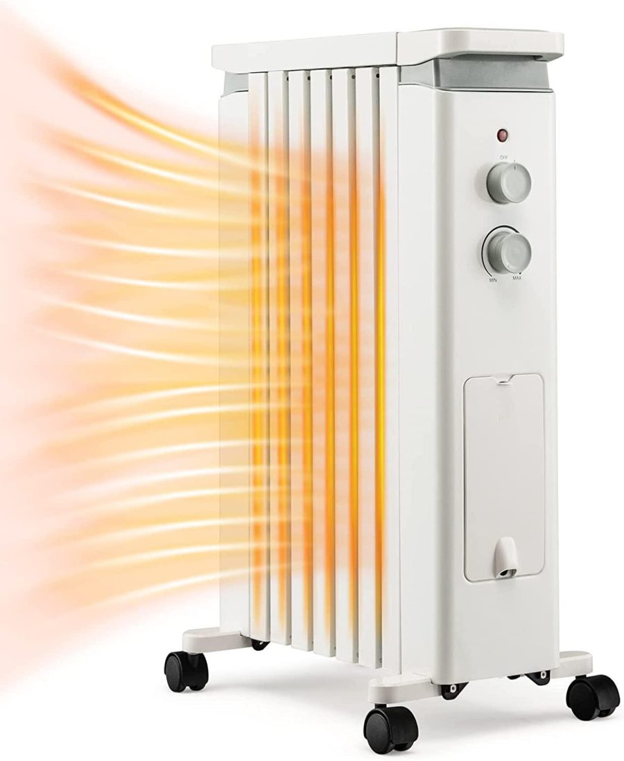 GOFLAME Oil Filled Radiator Heater, 1500W Electric Portable Space Heater with 3 Heat Settings and Built-In Thermostat, Oil Heater with Wheels, Tip-Over & Overheat Protection for Home Office (White)