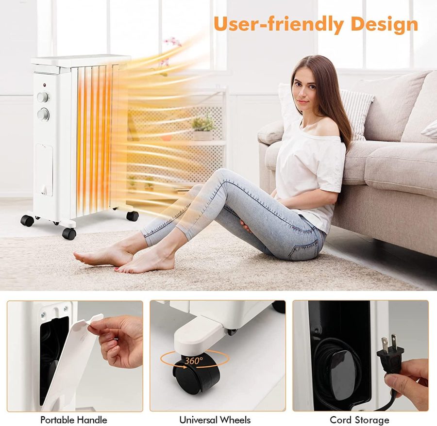 GOFLAME Oil Filled Radiator Heater, 1500W Electric Portable Space Heater with 3 Heat Settings and Built-In Thermostat, Oil Heater with Wheels, Tip-Over & Overheat Protection for Home Office (White) - Image 3