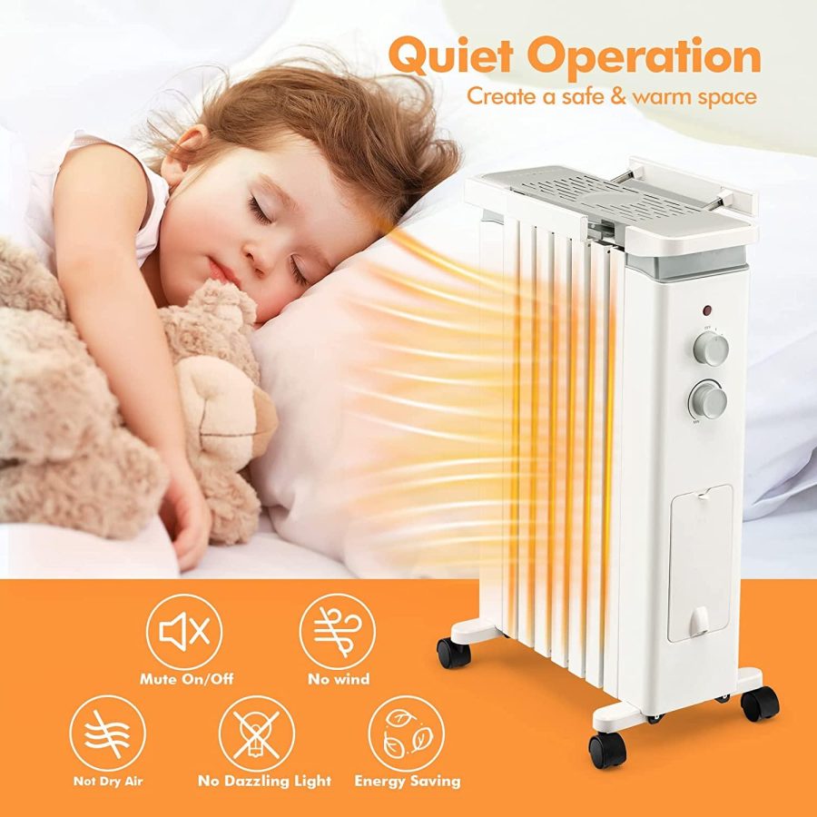 GOFLAME Oil Filled Radiator Heater, 1500W Electric Portable Space Heater with 3 Heat Settings and Built-In Thermostat, Oil Heater with Wheels, Tip-Over & Overheat Protection for Home Office (White) - Image 5