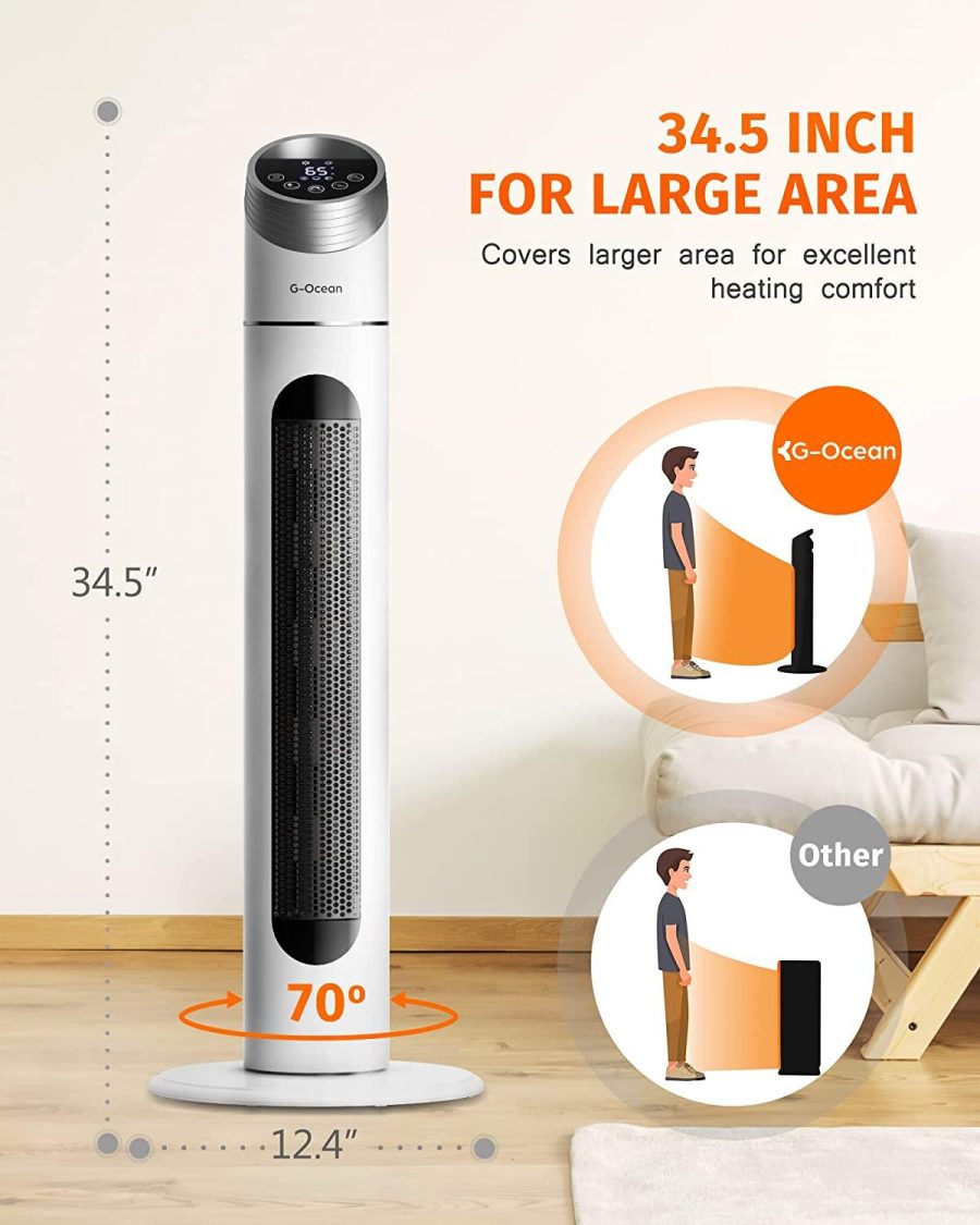 Electric Space Heater for Large Room, 34" Ceramic Tower Heater with Remote, G-Ocean 1500W Portable Space Heater with 12H Timer, 70° Oscillating, Adjustable Thermostat, Overheating & Tip-over Protection for Garage, Home Office Indoor Use, GHTF1502 NEW - Image 6