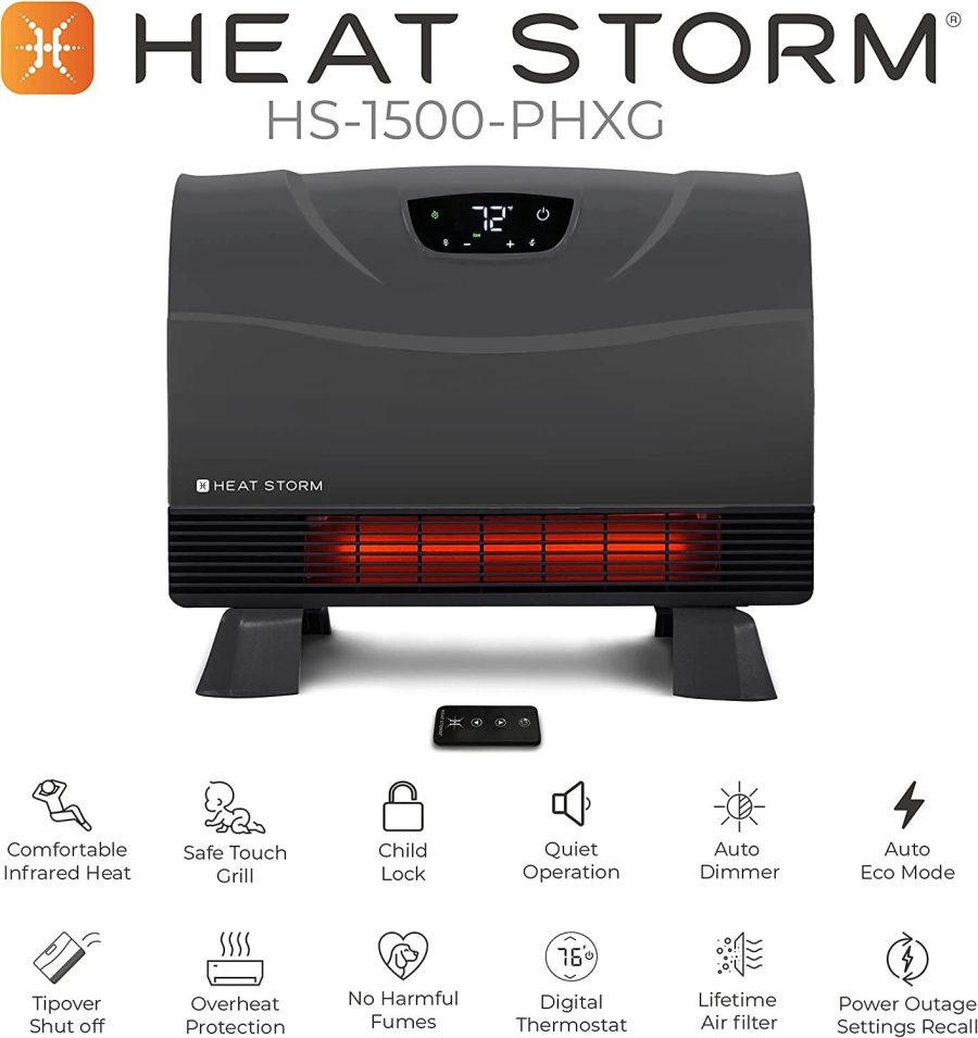 Heat Storm Phoenix HS-1500-PHX, Infrared Space Heater with Attachable Feet, Remote Control, Energy Efficient-750-1500 Watts, Gray Floor or Wall - Image 2