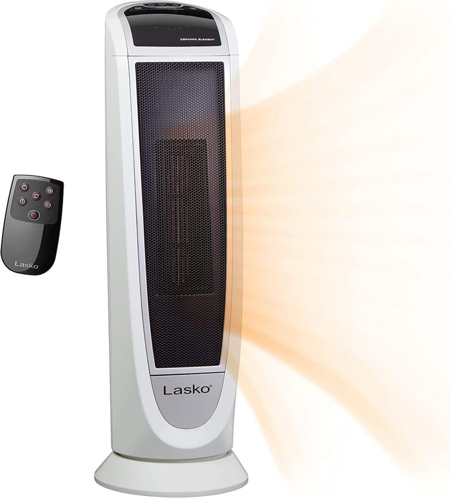 Lasko 5165 Digital Ceramic Tower Heater with Remote Control, 1500W, White