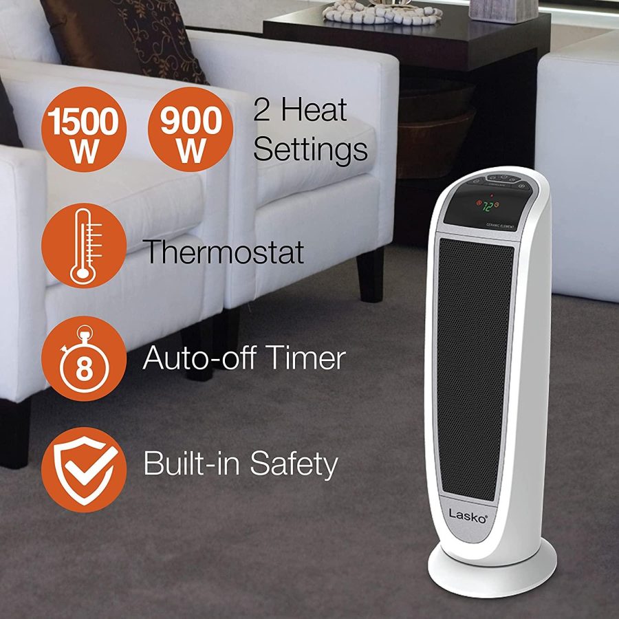 Lasko 5165 Digital Ceramic Tower Heater with Remote Control, 1500W, White - Image 2