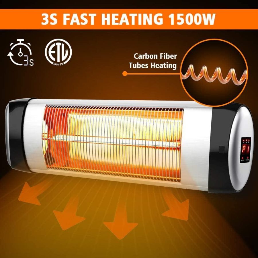 PATIOBOSS Electric Patio Heater Wall-Mounted Outdoor Heater with Remote Control, Indoor/Outdoor Infrared Heater, 1500W Quiet with LED Display, 3 Seconds Instant Warm with 24H Timer, Waterproof IP34 - Image 2