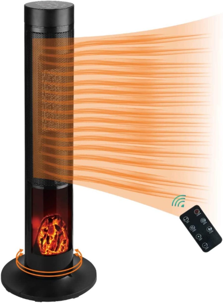 Electric Tower Space Heater 12h Timer Shaking Angle Tip-Over and Overheat Protection with Remote Control and Simulated Flame size 11.8"*11.8"*21.2"