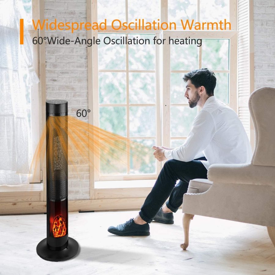 Electric Tower Space Heater 12h Timer Shaking Angle Tip-Over and Overheat Protection with Remote Control and Simulated Flame size 11.8"*11.8"*21.2" - Image 3