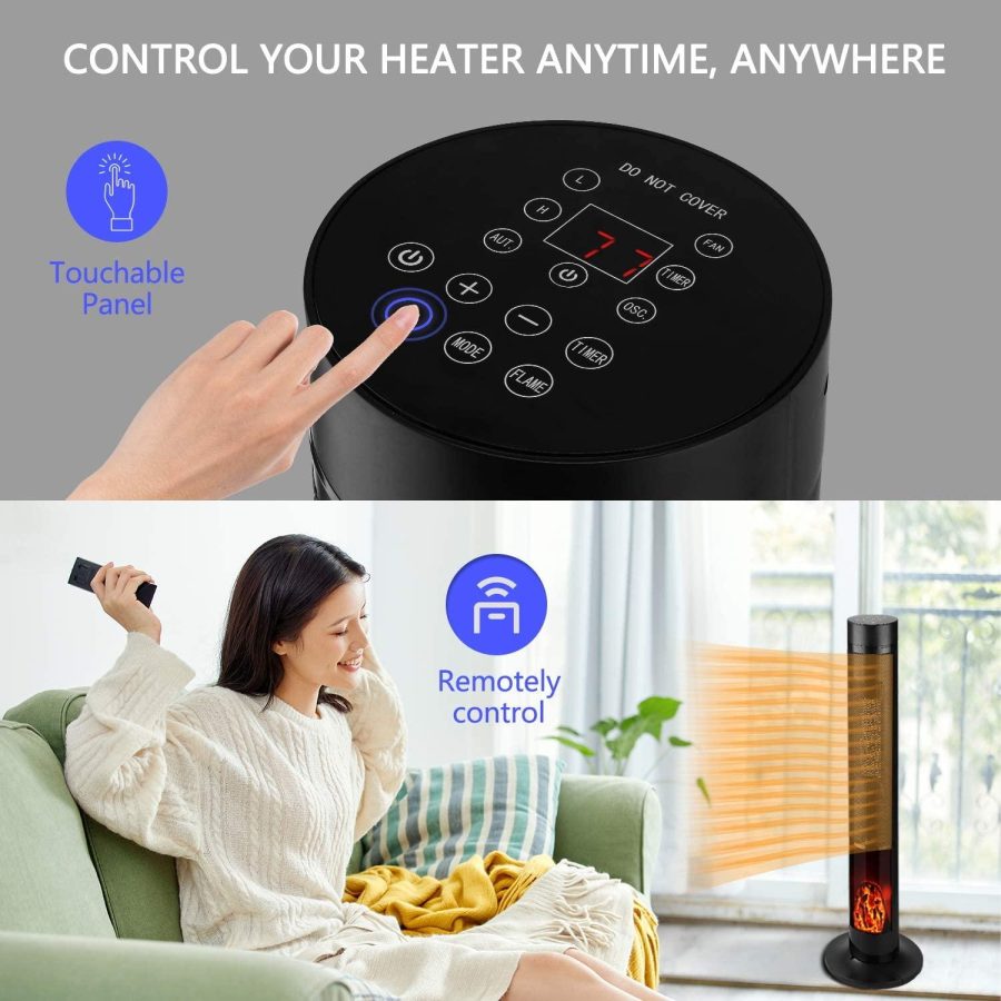 Electric Tower Space Heater 12h Timer Shaking Angle Tip-Over and Overheat Protection with Remote Control and Simulated Flame size 11.8"*11.8"*21.2" - Image 4