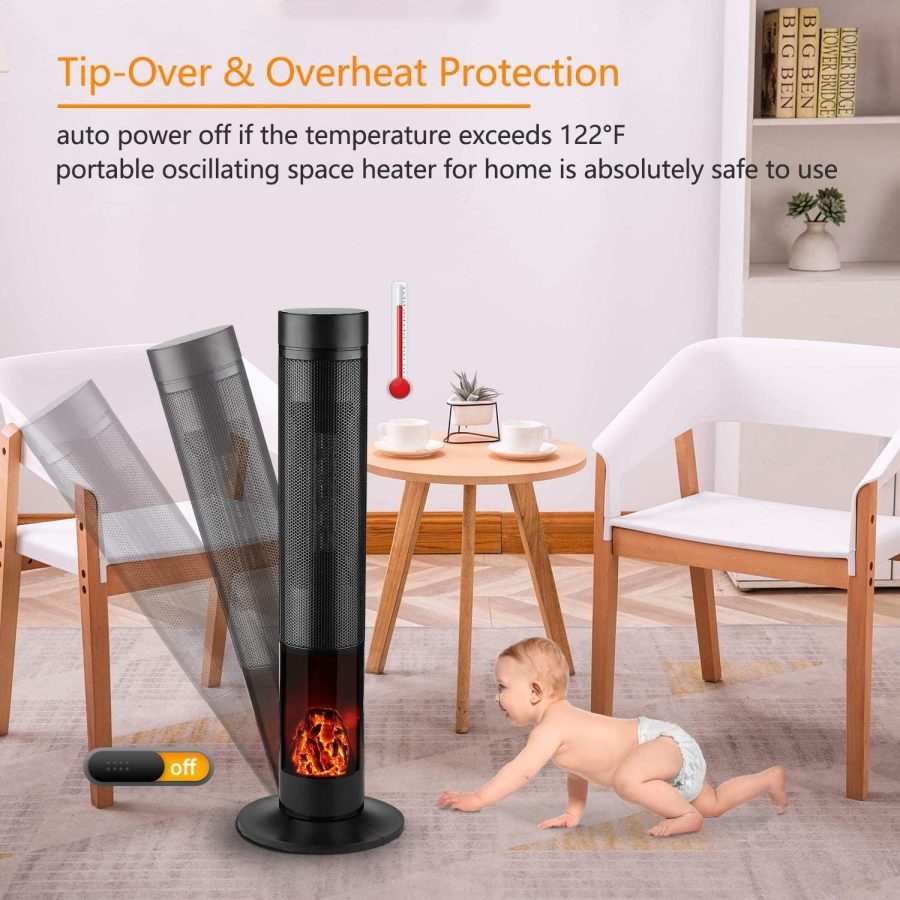 Electric Tower Space Heater 12h Timer Shaking Angle Tip-Over and Overheat Protection with Remote Control and Simulated Flame size 11.8"*11.8"*21.2" - Image 5