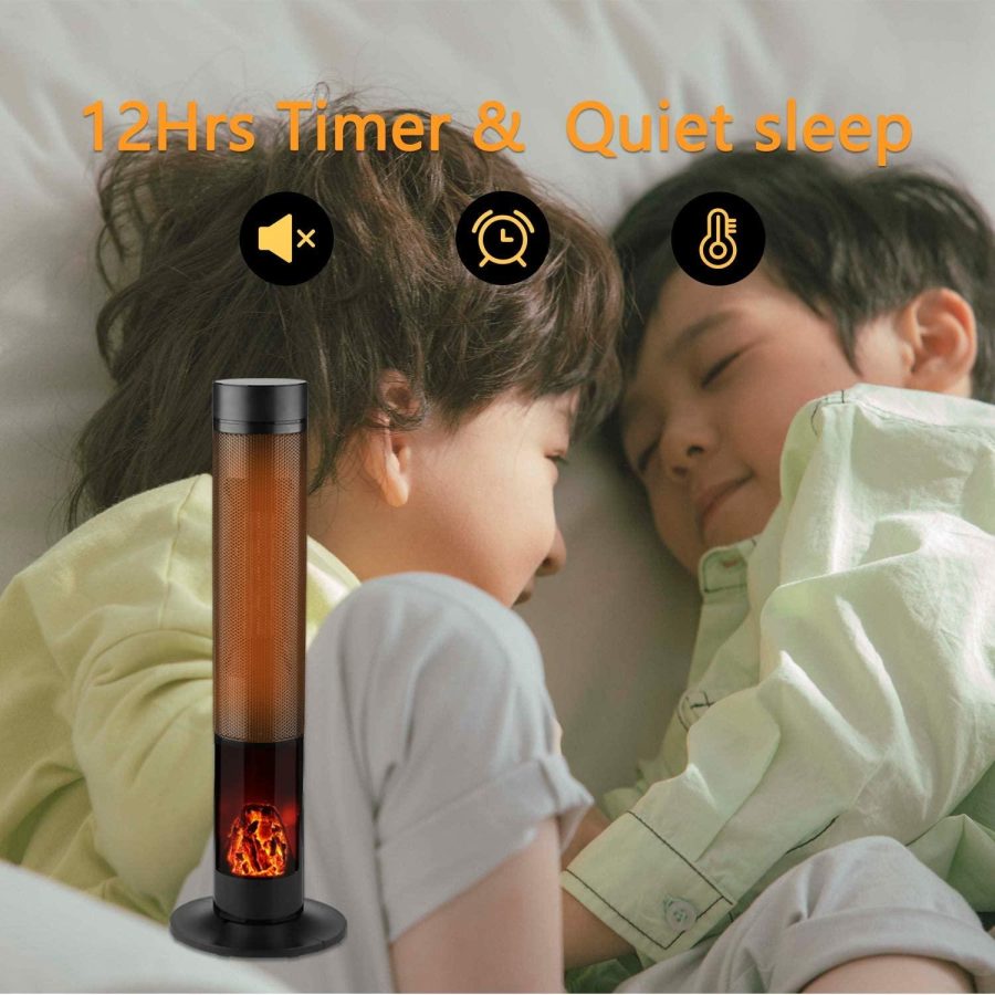 Electric Tower Space Heater 12h Timer Shaking Angle Tip-Over and Overheat Protection with Remote Control and Simulated Flame size 11.8"*11.8"*21.2" - Image 6