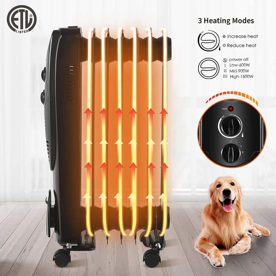 Electric Space Heater 1500W, Portable Oil Heater with 3 Heat Settings, Oil Filled Radiator Heater for Home/Office, Black - Image 4