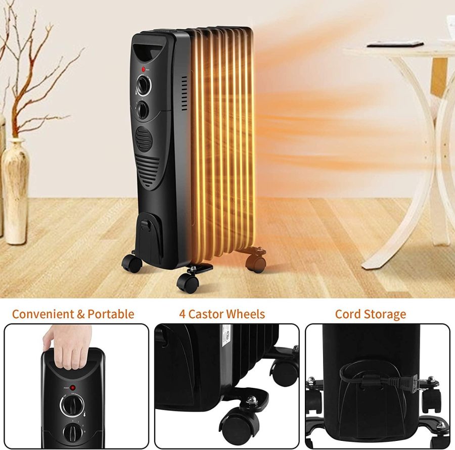 Electric Space Heater 1500W, Portable Oil Heater with 3 Heat Settings, Oil Filled Radiator Heater for Home/Office, Black - Image 5