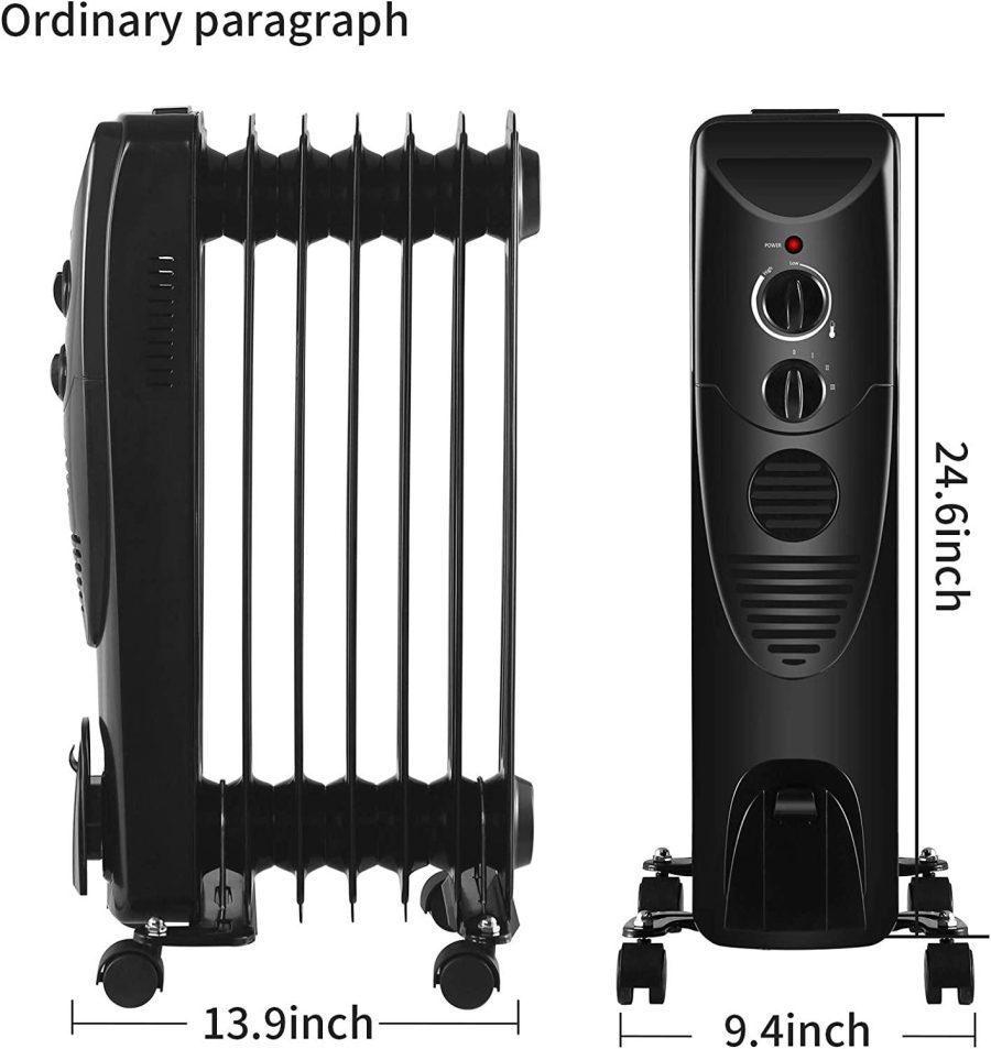 Electric Space Heater 1500W, Portable Oil Heater with 3 Heat Settings, Oil Filled Radiator Heater for Home/Office, Black - Image 6