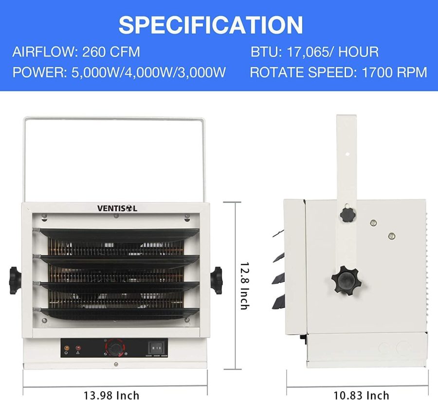 VENTISOL 5000W Fan Forced Ceiling Mounted Heater Wtih Thermostat 240V Hard-wired Dual Knob Electric Heating for Garage,Warehouse,Workshop,Home - Image 2