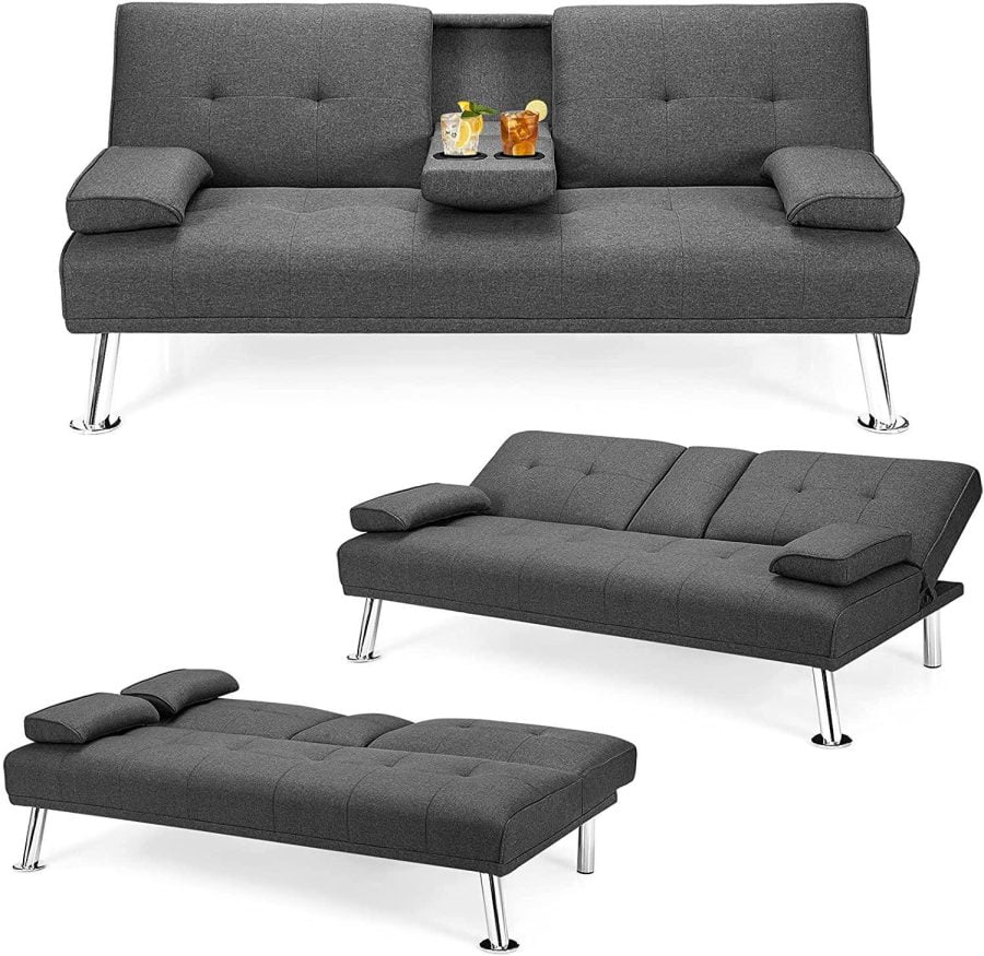 POWERSTONE Futon Sofa Bed – Upholstered Modern Convertible Sofa Couch Sleeper with Removable Armrests, Metal Leg and 2 Cup Holders, Memory Foam Cushion Living Room Furniture Home Recliner,Grey - Image 2