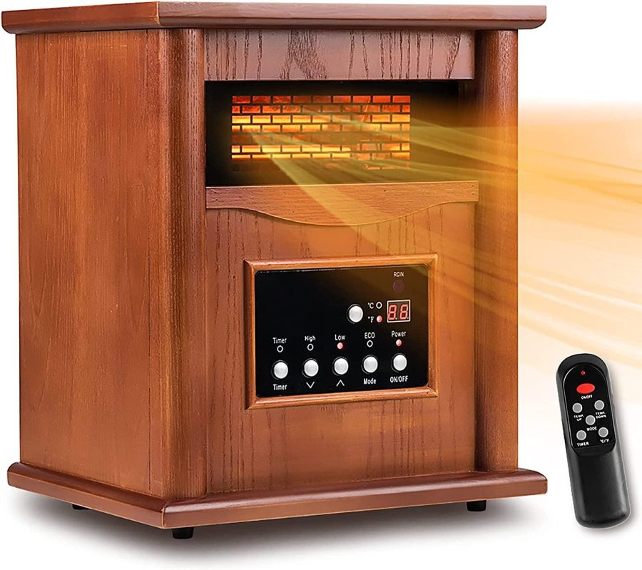 Electric Infrared Space Heater, LifePlus Quartz Heater for Indoor Use, Tip-Over & Overheat Protection with Remote Control, 3 Heat Settings, 12H Timer, 1500W for Large Room Basement Heating