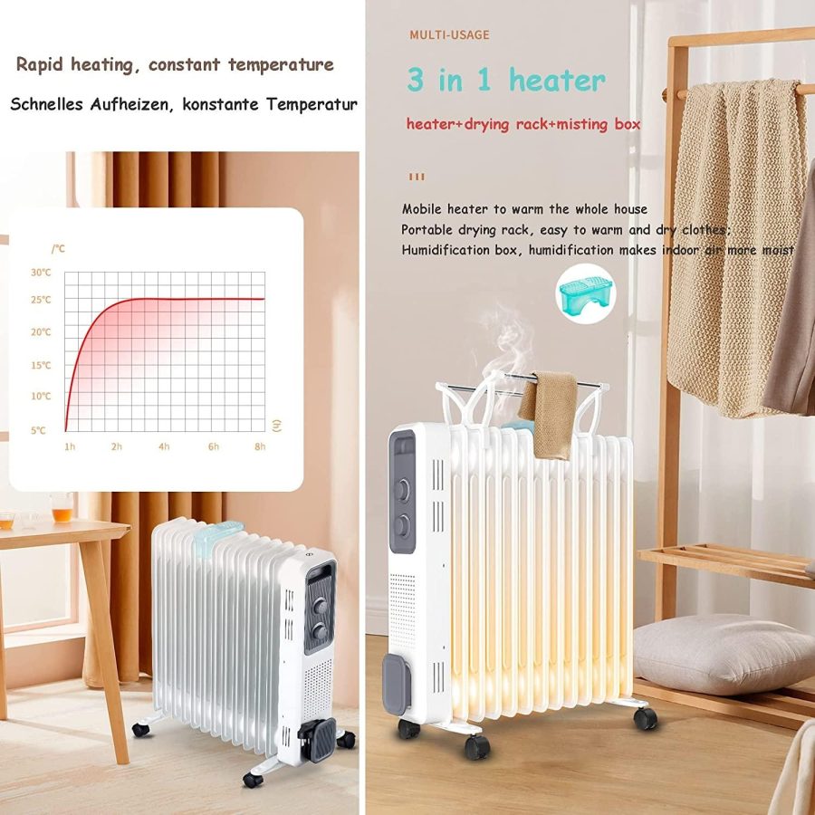 HORV Electric Heating with Thermostat Oil Radiator 2200 watts Energy-Saving Mobile convector Electric  Standing Heater Quiet Indoor Heater for Rooms up to 25㎡ with 13 Slats overheating Protection - Image 3