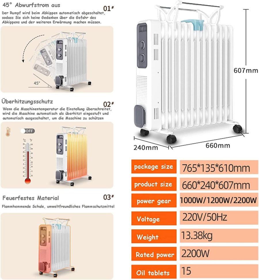 HORV Electric Heating with Thermostat Oil Radiator 2200 watts Energy-Saving Mobile convector Electric  Standing Heater Quiet Indoor Heater for Rooms up to 25㎡ with 13 Slats overheating Protection - Image 4