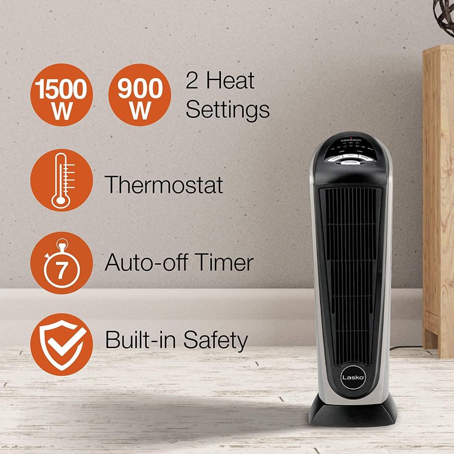 Lasko Lasko-22 Digital Ceramic Oscillating Remote (751320) Tower Heater, 8.5x2033 L x 7.25x2033 W x 23x2033 H, Grey/Black - Image 2