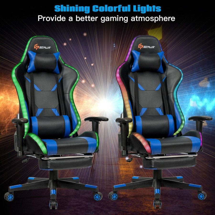 Goplus Massage Gaming Chair with RGB Light, Reclining Backrest Handrails and Seat Height Adjustment Racing Computer Office Chair with Footrest, Ergonomic High Back PU Swivel Game Chair - Image 3