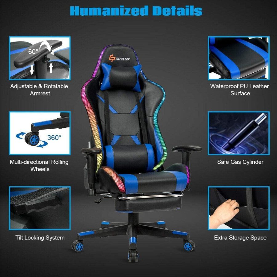 Goplus Massage Gaming Chair with RGB Light, Reclining Backrest Handrails and Seat Height Adjustment Racing Computer Office Chair with Footrest, Ergonomic High Back PU Swivel Game Chair - Image 7