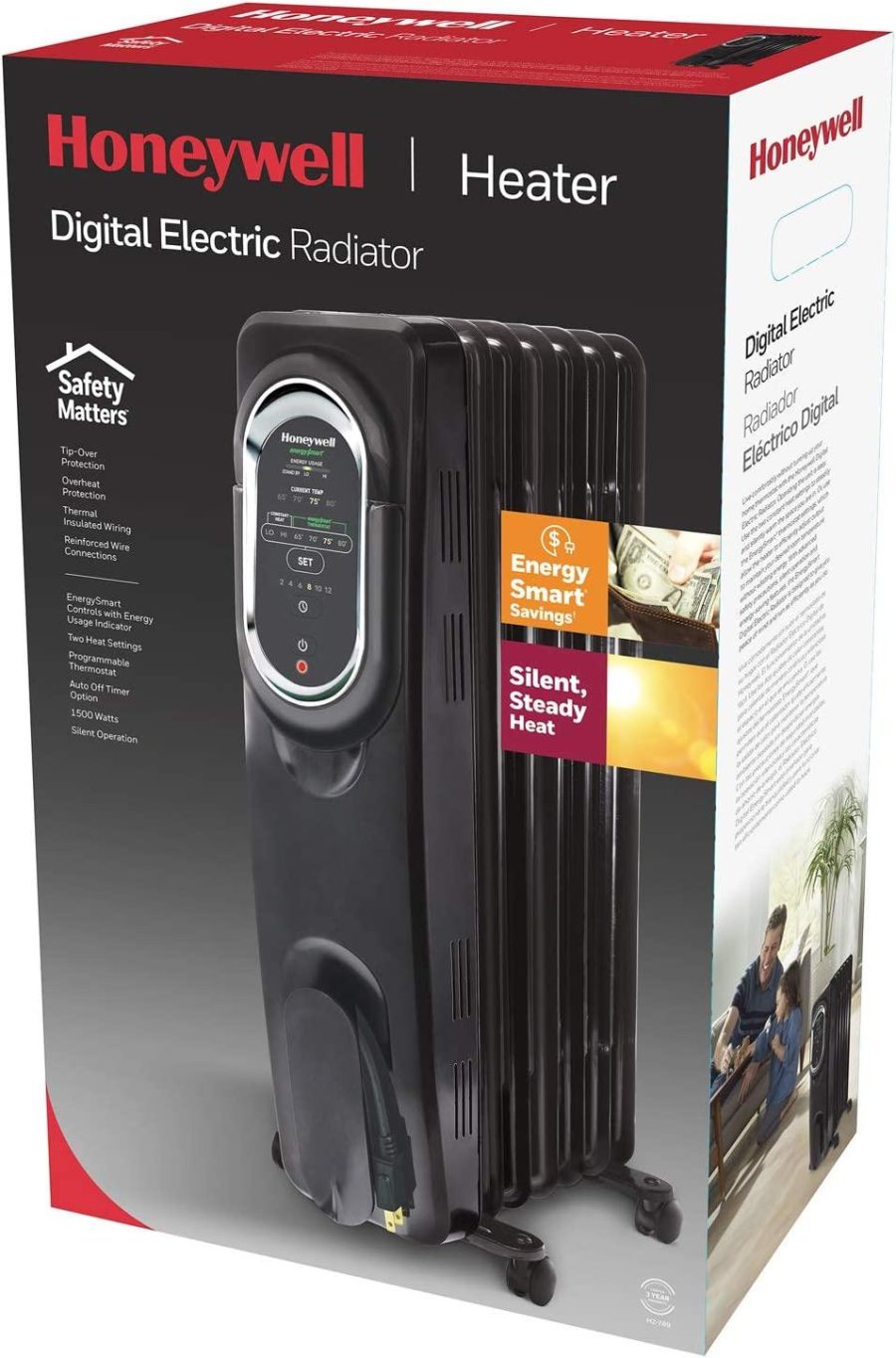 Honeywell HZ-789 EnergySmart Electric Oil Filled Radiator Whole Room Heater, Black, 24.45" H x 9.06" D x 13.74" W (HZ789) - Image 2